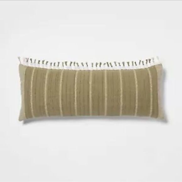 Threshold 14x34” Oversized Oblong Ticking Striped Tassel Lumbar Pillow - Picture 1 of 5